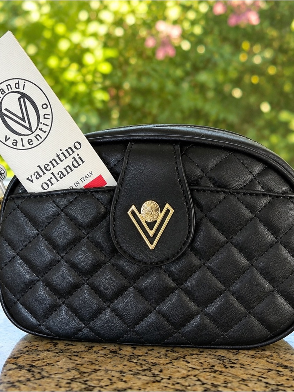 Valentino Orlandi Black Quilted Mini Crossbody with Gold V Logo